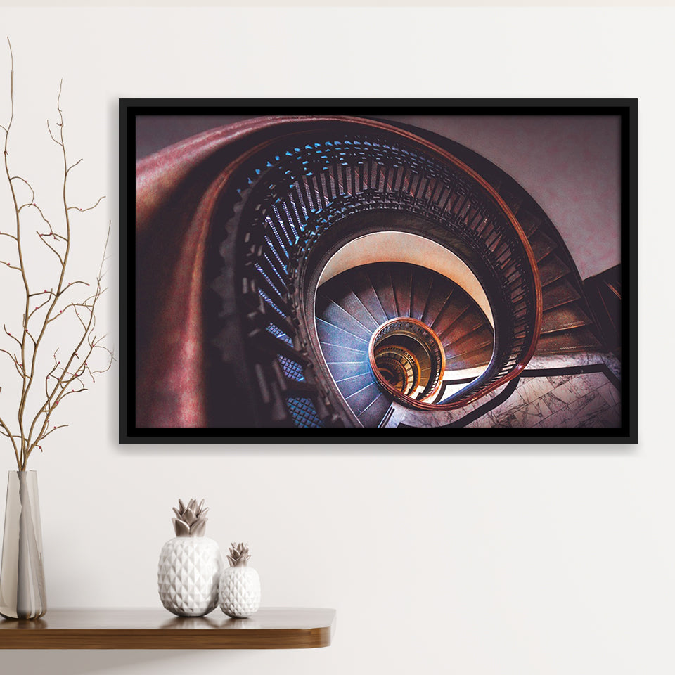 Spiral Staircase, Abstract Canvas Art Framed Canvas Prints Wall Art Decor, Black Floating Frame