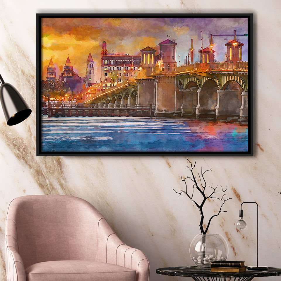 St Augustine Florida Usa Skyline Bridge City Art Watercolor Framed Canvas Prints Wall Art Home Decor,Floating Frame