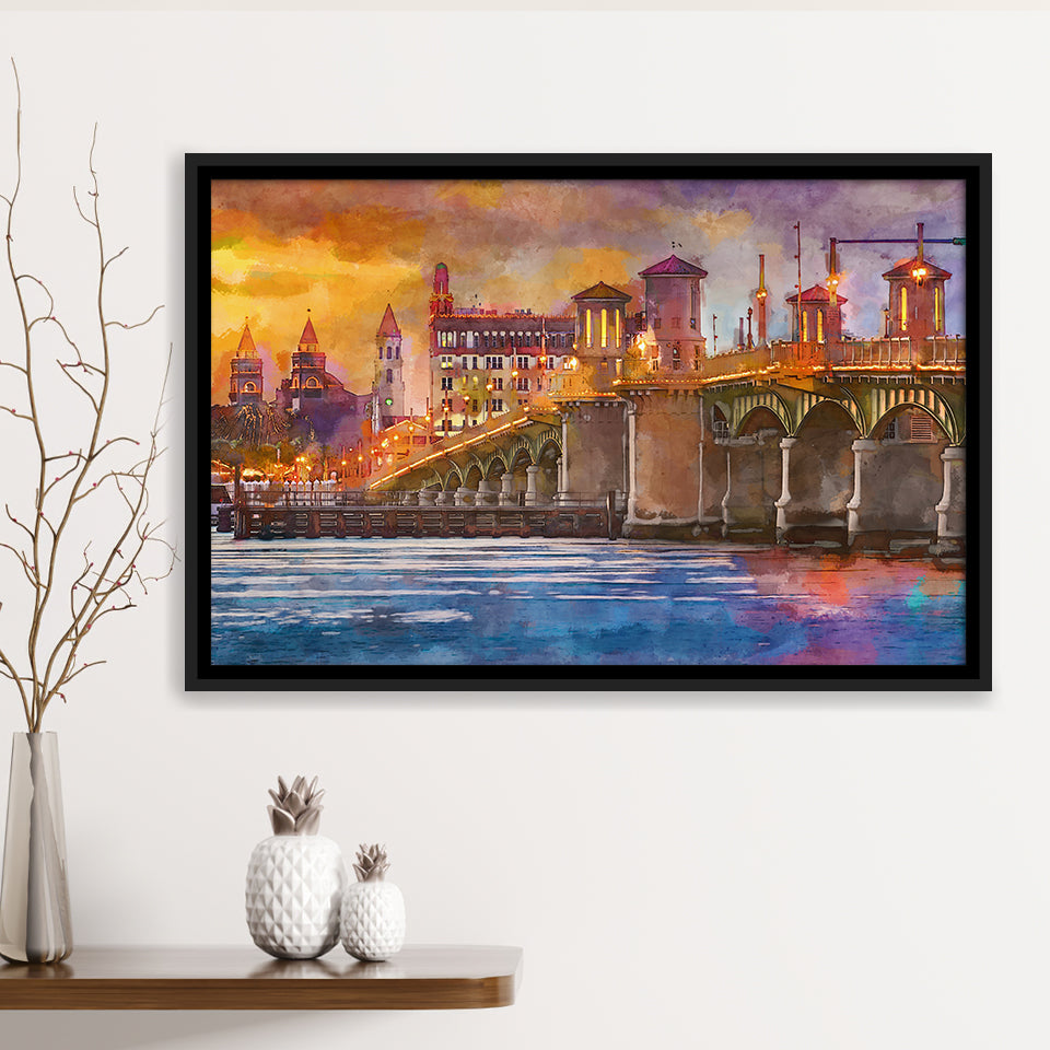 St Augustine Florida Usa Skyline Bridge City Art Watercolor Framed Canvas Prints Wall Art Home Decor,Floating Frame