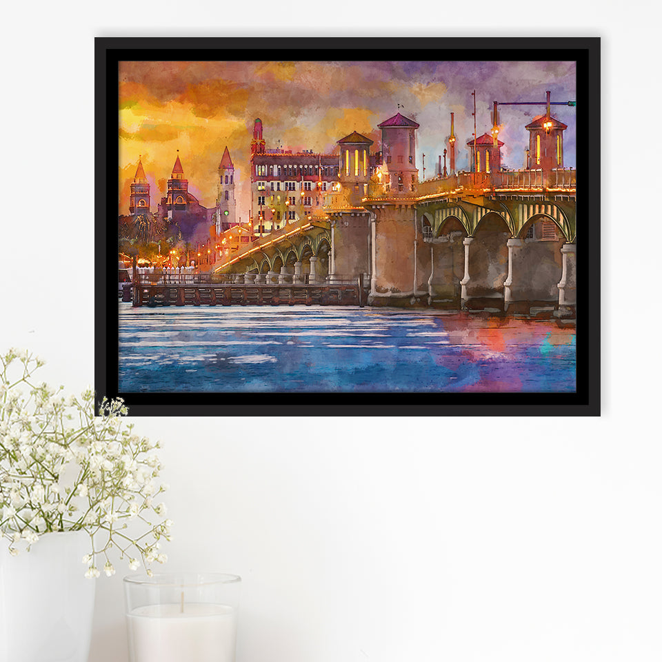St Augustine Florida Usa Skyline Bridge City Art Watercolor Framed Canvas Prints Wall Art Home Decor,Floating Frame