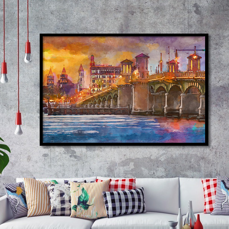 St Augustine Florida Usa Skyline Bridge City Art Watercolor Framed Art Prints Wall Art Decor,Framed Picture