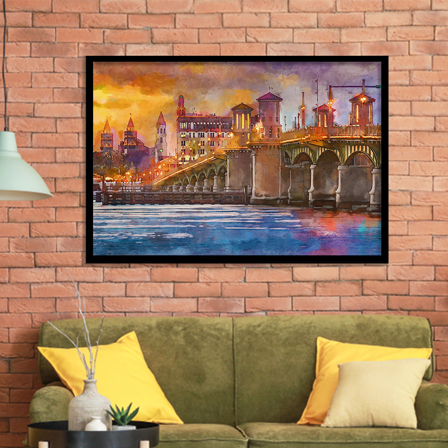 St Augustine Florida Usa Skyline Bridge City Art Watercolor Framed Art Prints Wall Art Decor,Framed Picture