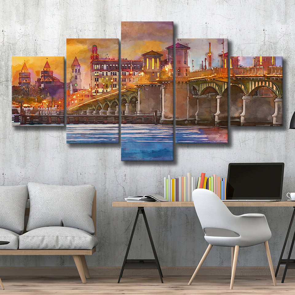 St Augustine Florida Usa Skyline Bridge 5 Pieces Mixed Canvas Prints Wall Art Home Decor