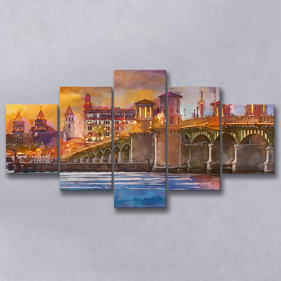 St Augustine Florida Usa Skyline Bridge 5 Pieces Mixed Canvas Prints Wall Art Home Decor