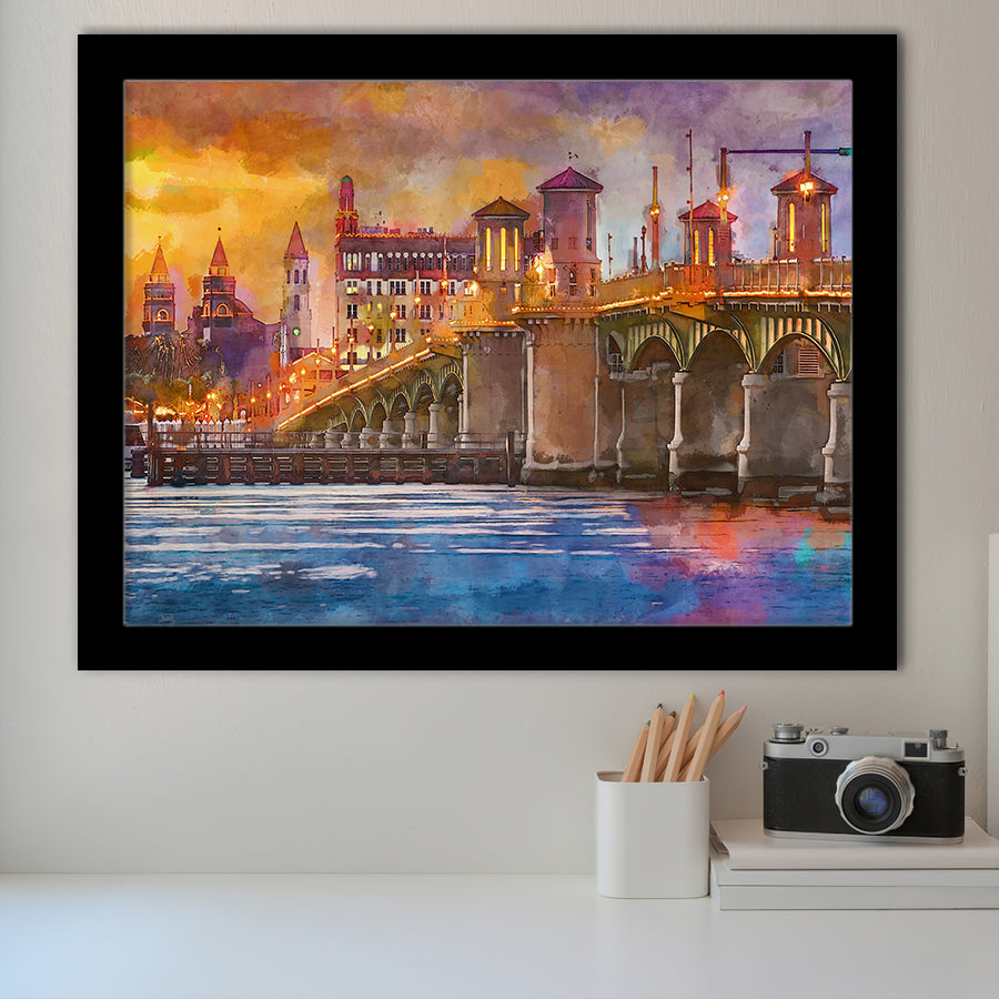 St Augustine Florida Usa Skyline Bridge City Art Watercolor Framed Art Prints Wall Art Decor,Framed Picture