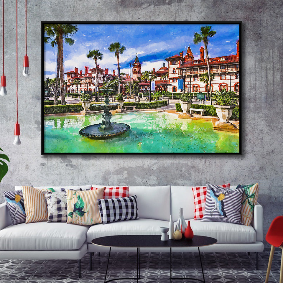 St Augustine Florida Usa Town Square City Art Watercolor Framed Canvas Prints Wall Art Home Decor,Floating Frame