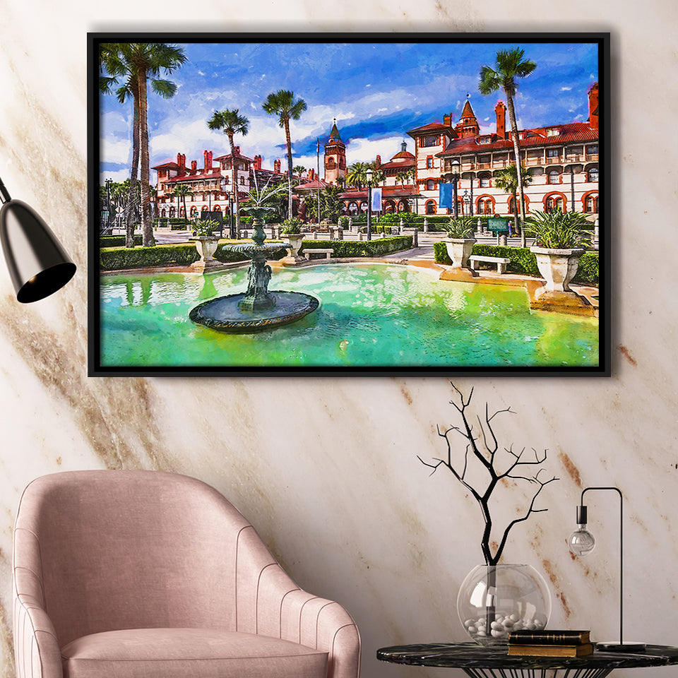 St Augustine Florida Usa Town Square City Art Watercolor Framed Canvas Prints Wall Art Home Decor,Floating Frame