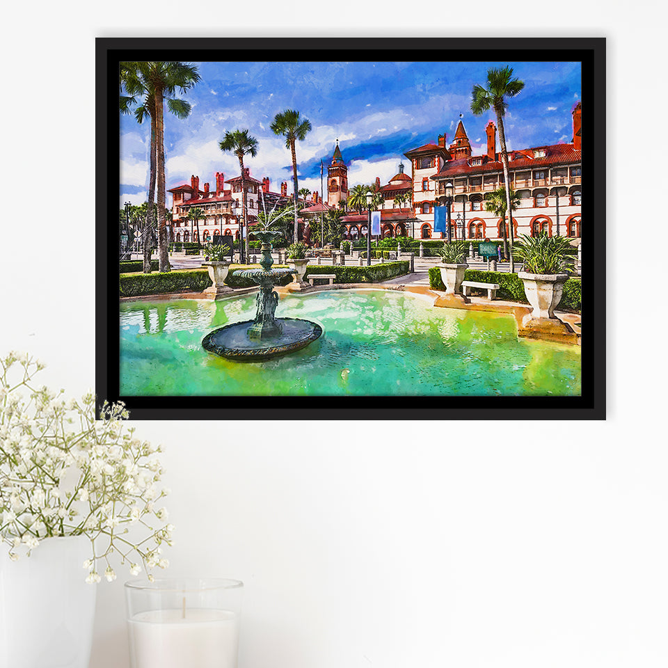 St Augustine Florida Usa Town Square City Art Watercolor Framed Canvas Prints Wall Art Home Decor,Floating Frame
