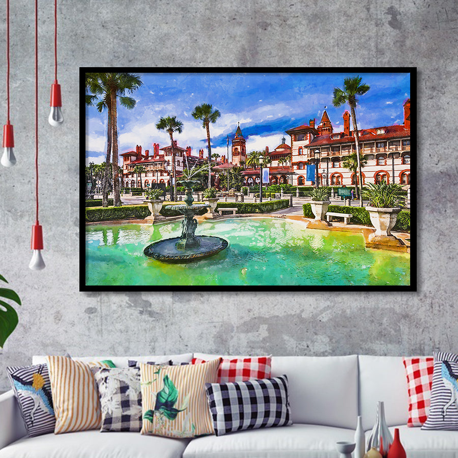 St Augustine Florida Usa Town Square City Art Watercolor Framed Art Prints Wall Art Decor,Framed Picture