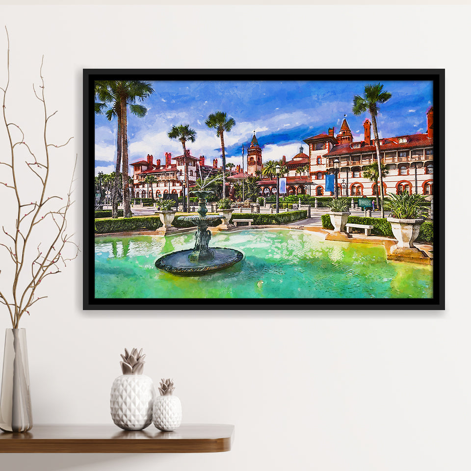 St Augustine Florida Usa Town Square City Art Watercolor Framed Canvas Prints Wall Art Home Decor,Floating Frame