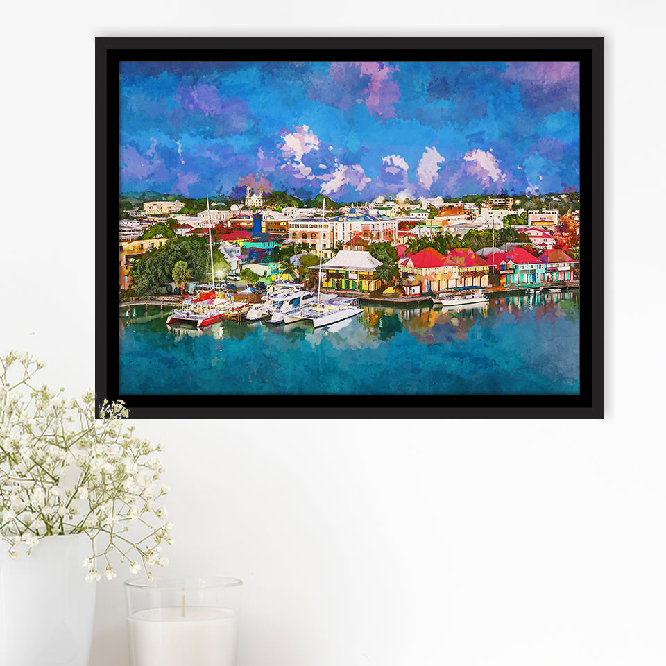 St Johns Antigua Barbuda Town Skyline City Art Watercolor Framed Canvas Prints Wall Art Home Decor,Floating Frame