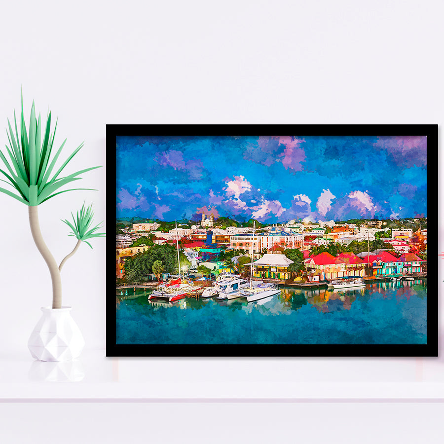 St Johns Antigua Barbuda Town Skyline City Art Watercolor Framed Art Prints Wall Art Decor,Framed Picture