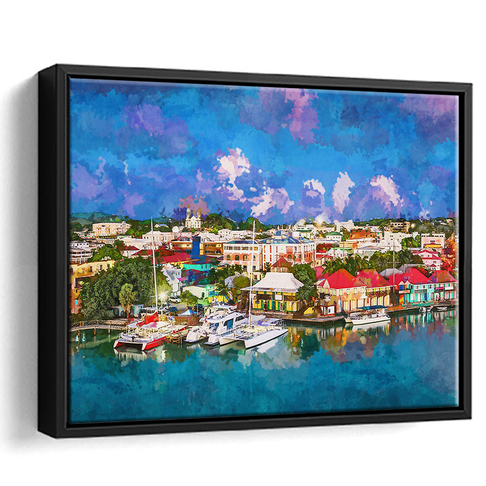 St Johns Antigua Barbuda Town Skyline City Art Watercolor Framed Canvas Prints Wall Art Home Decor,Floating Frame