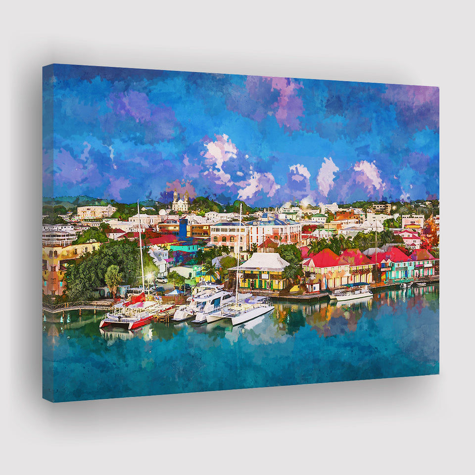 St Johns Antigua Barbuda Town Skyline City Art Watercolor Canvas Prints Wall Art Home Decor, Large Canvas