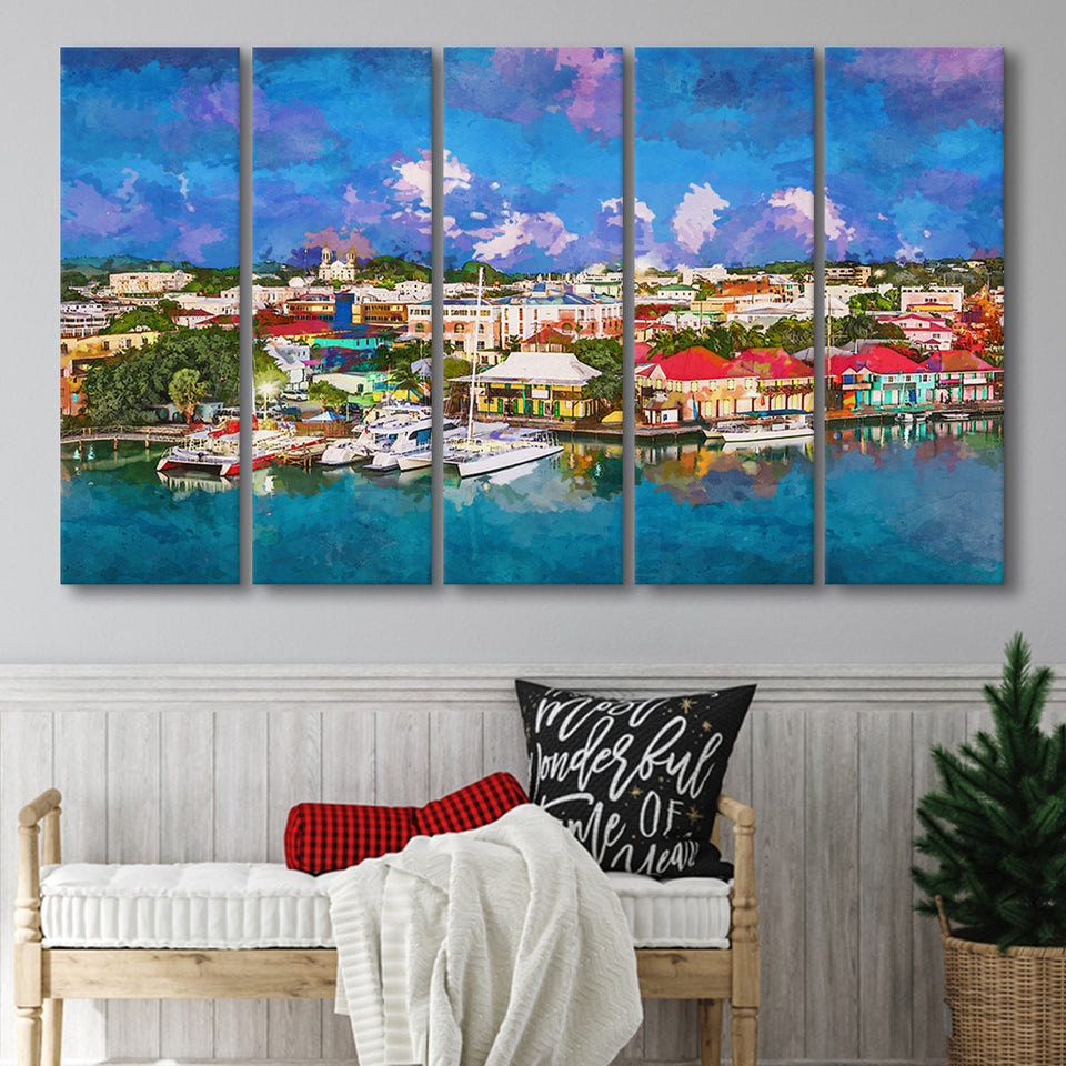 St Johns Antigua Barbuda Town Skyline 5 Pieces Extra Large Canvas Prints Wall Art Home Decor