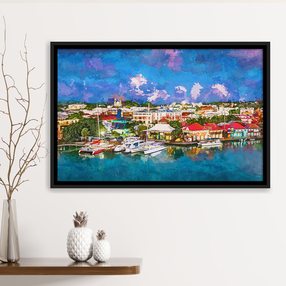 St Johns Antigua Barbuda Town Skyline City Art Watercolor Framed Canvas Prints Wall Art Home Decor,Floating Frame