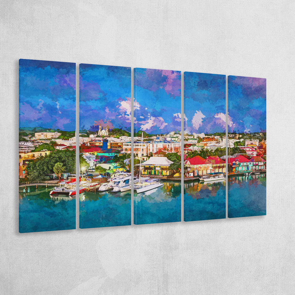 St Johns Antigua Barbuda Town Skyline 5 Pieces Extra Large Canvas Prints Wall Art Home Decor