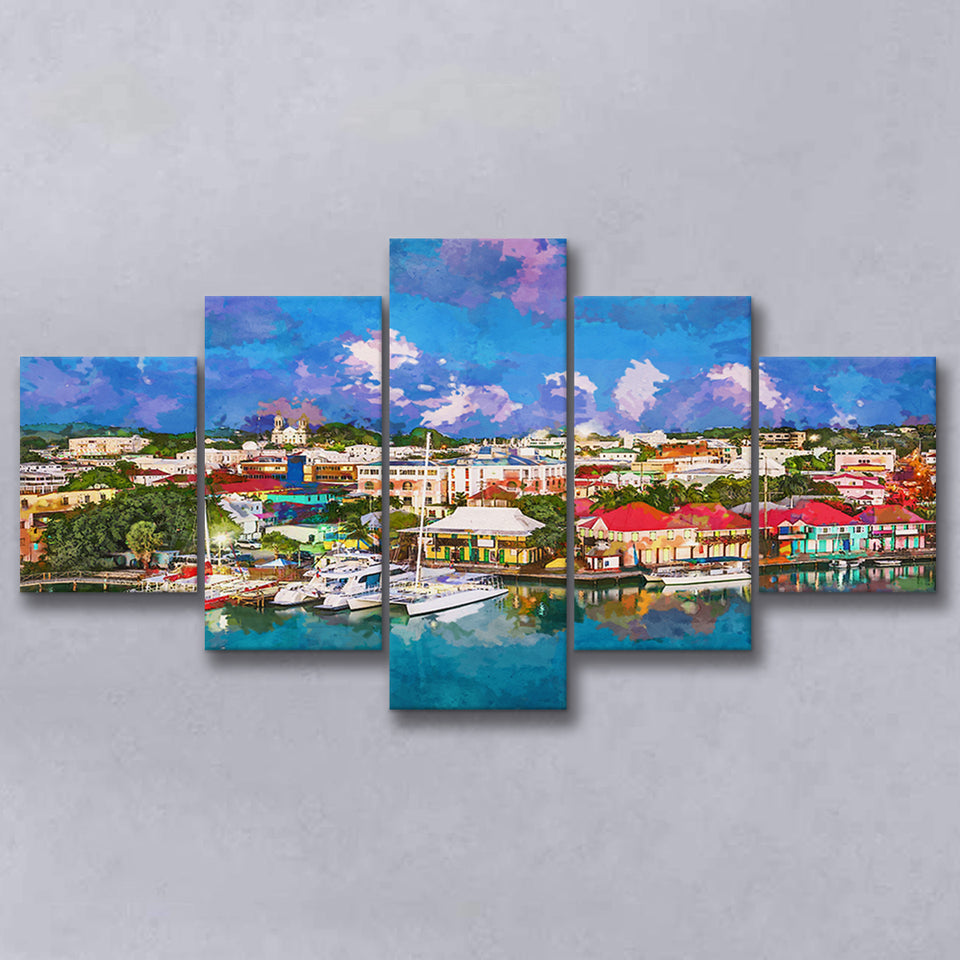 St Johns Antigua Barbuda Town Skyline 5 Pieces Mixed Canvas Prints Wall Art Home Decor