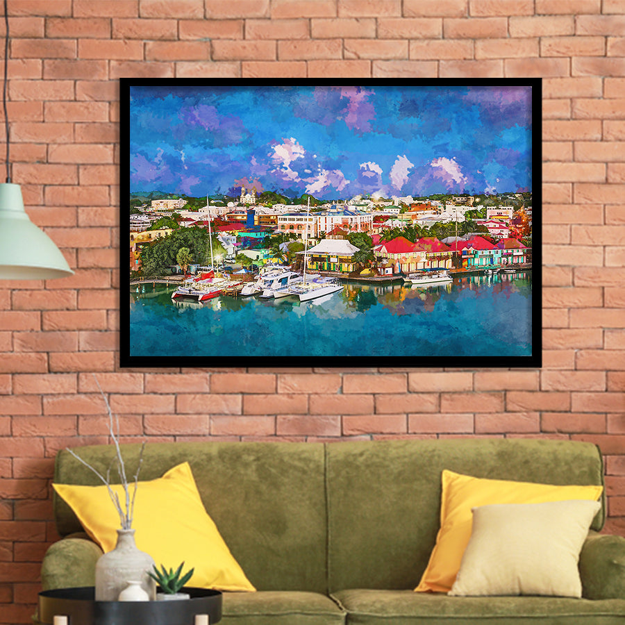 St Johns Antigua Barbuda Town Skyline City Art Watercolor Framed Art Prints Wall Art Decor,Framed Picture