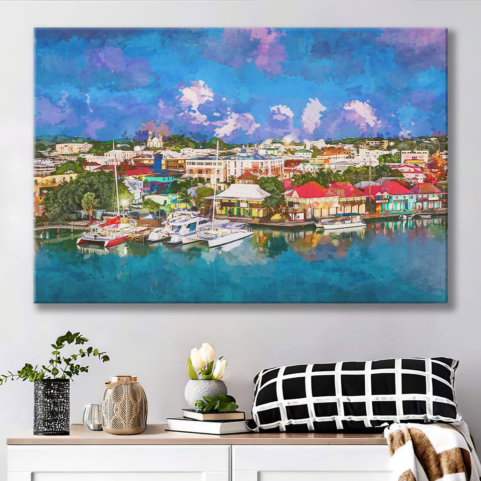 St Johns Antigua Barbuda Town Skyline City Art Watercolor Canvas Prints Wall Art Home Decor, Large Canvas