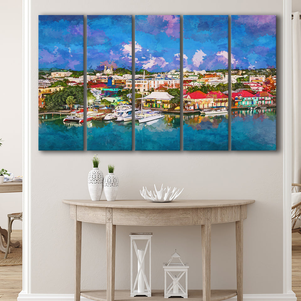 St Johns Antigua Barbuda Town Skyline 5 Pieces Extra Large Canvas Prints Wall Art Home Decor