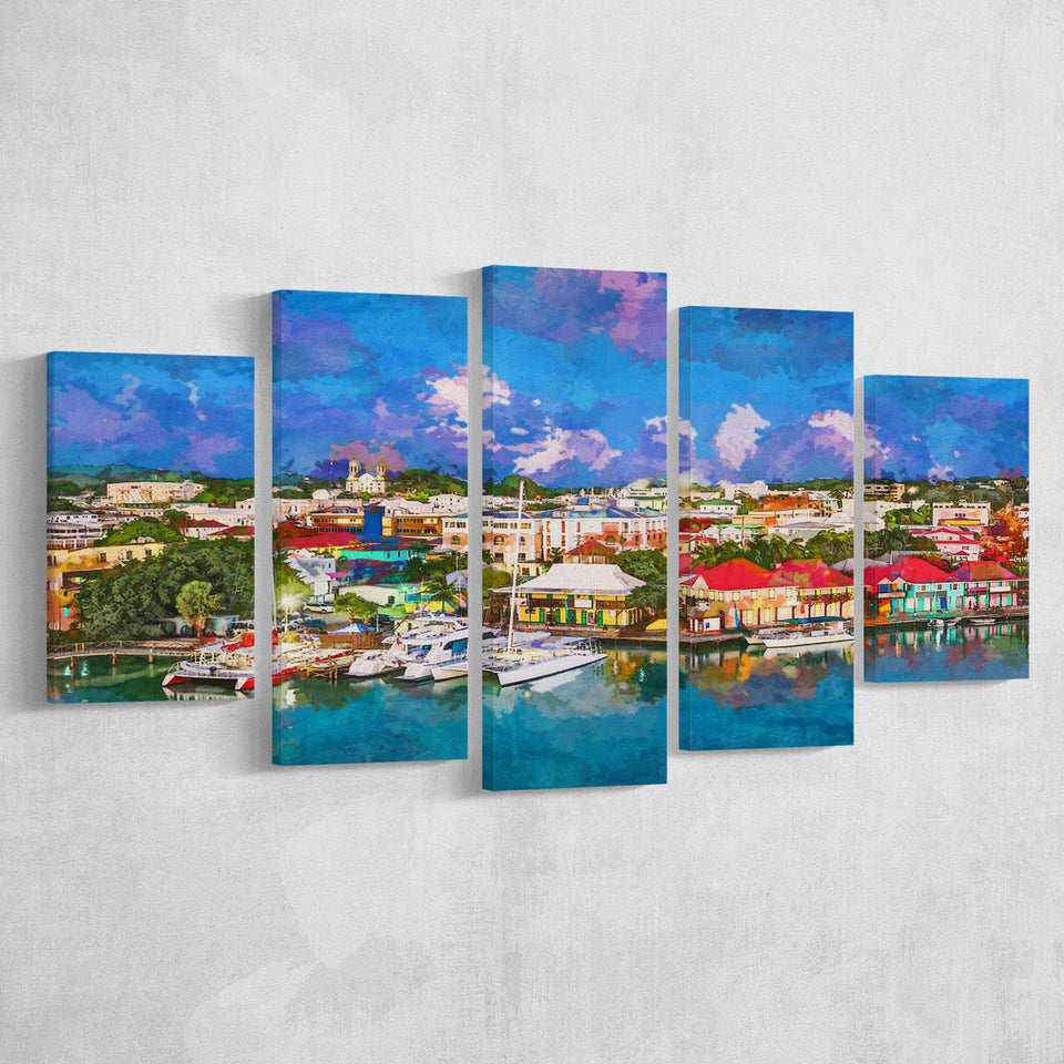 St Johns Antigua Barbuda Town Skyline 5 Pieces Mixed Canvas Prints Wall Art Home Decor