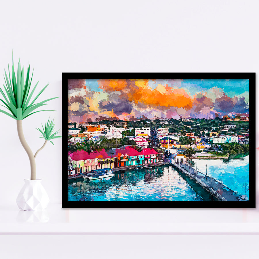 St Johns Antigua Port Skyline Twilight City Art Watercolor Framed Art Prints Wall Art Decor,Framed Picture