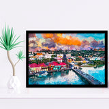 St Johns Antigua Port Skyline Twilight City Art Watercolor Framed Art Prints Wall Art Decor,Framed Picture