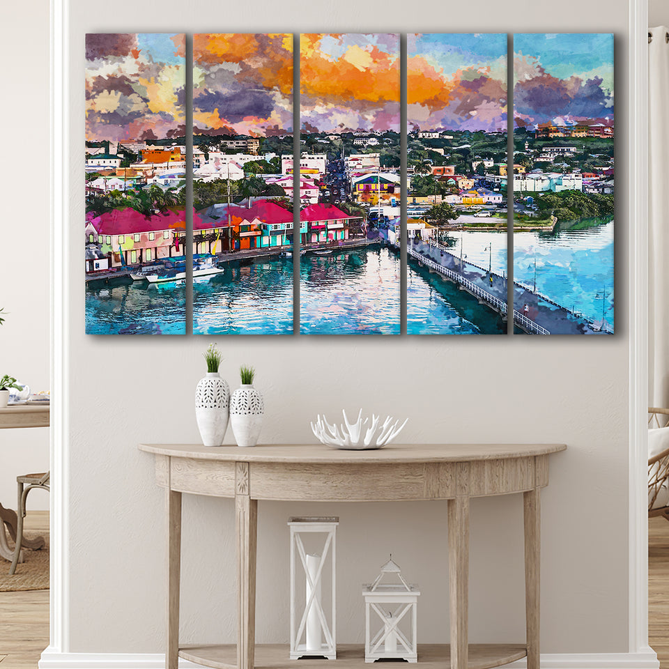 St Johns Antigua Port Skyline Twilight 5 Pieces Extra Large Canvas Prints Wall Art Home Decor
