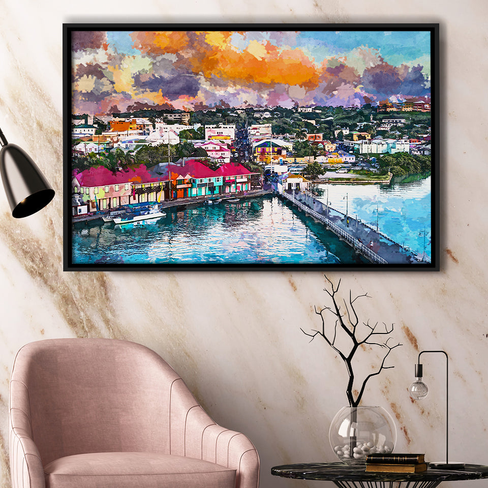 St Johns Antigua Port Skyline Twilight City Art Watercolor Framed Canvas Prints Wall Art Home Decor,Floating Frame