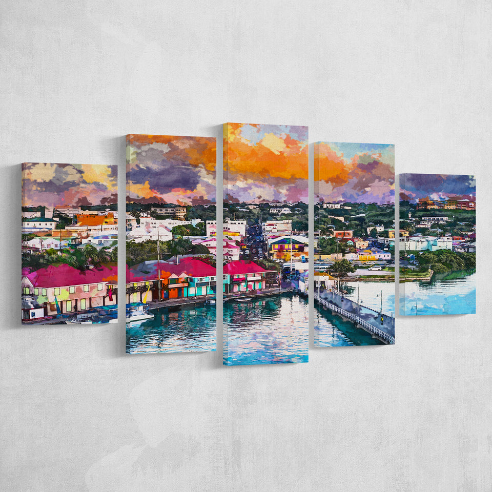 St Johns Antigua Port Skyline Twilight 5 Pieces Mixed Canvas Prints Wall Art Home Decor