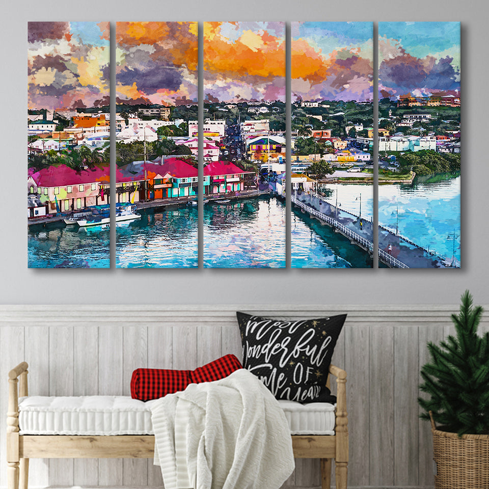 St Johns Antigua Port Skyline Twilight 5 Pieces Extra Large Canvas Prints Wall Art Home Decor