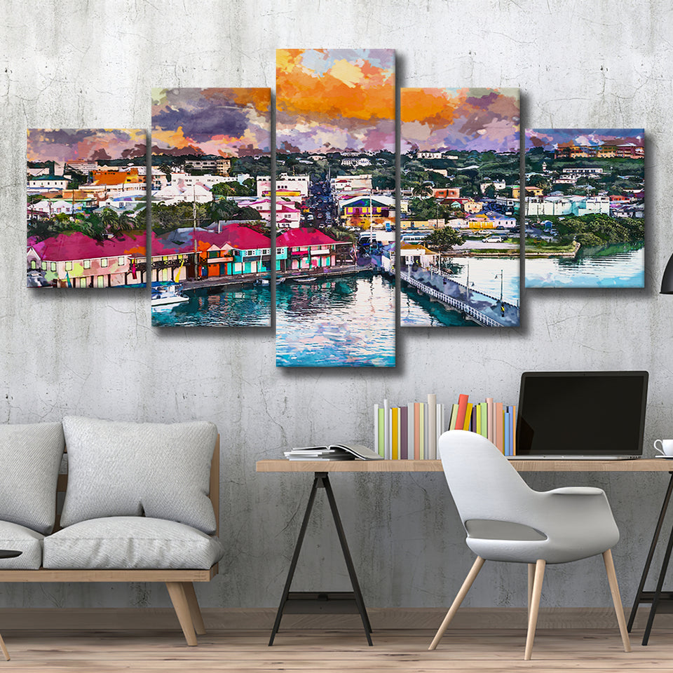 St Johns Antigua Port Skyline Twilight 5 Pieces Mixed Canvas Prints Wall Art Home Decor