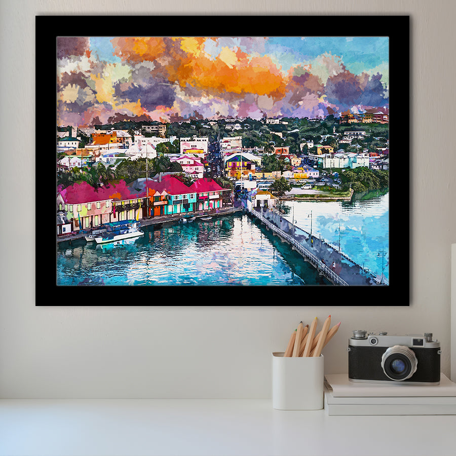 St Johns Antigua Port Skyline Twilight City Art Watercolor Framed Art Prints Wall Art Decor,Framed Picture
