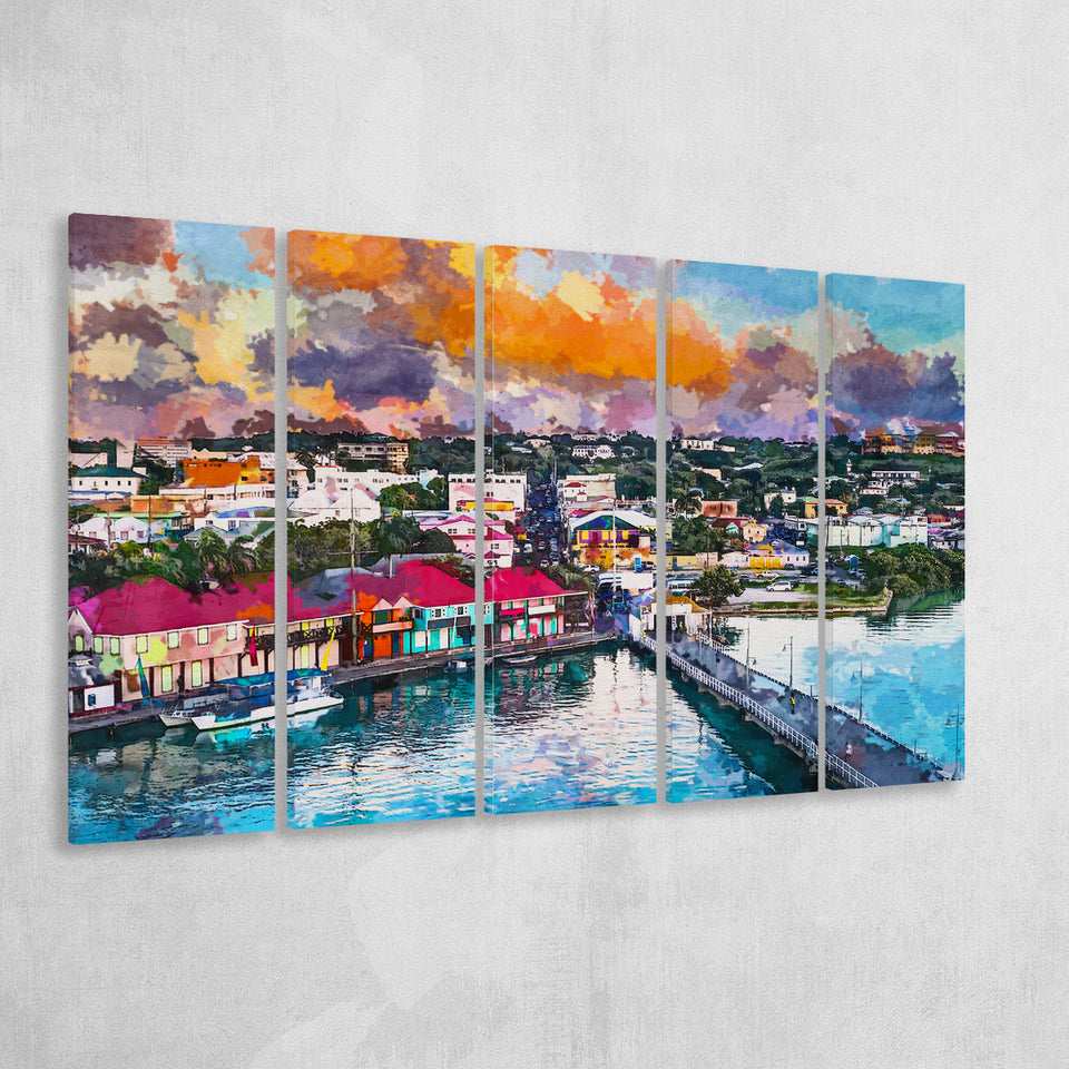 St Johns Antigua Port Skyline Twilight 5 Pieces Extra Large Canvas Prints Wall Art Home Decor