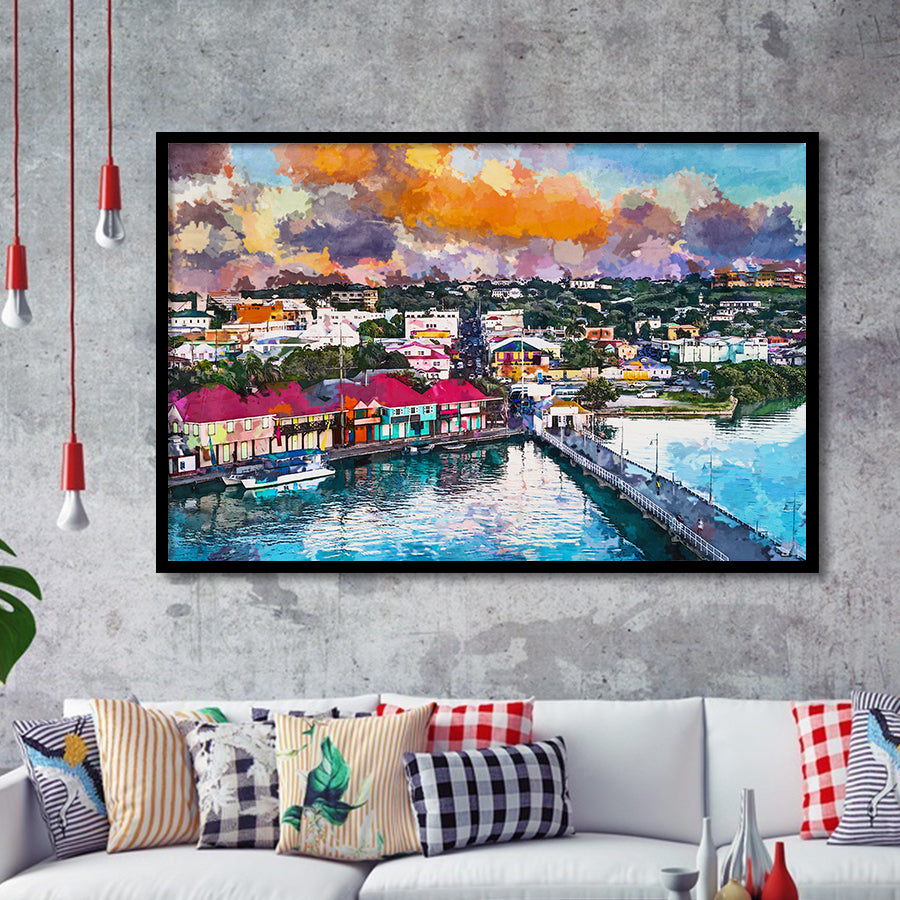 St Johns Antigua Port Skyline Twilight City Art Watercolor Framed Art Prints Wall Art Decor,Framed Picture
