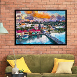 St Johns Antigua Port Skyline Twilight City Art Watercolor Framed Art Prints Wall Art Decor,Framed Picture