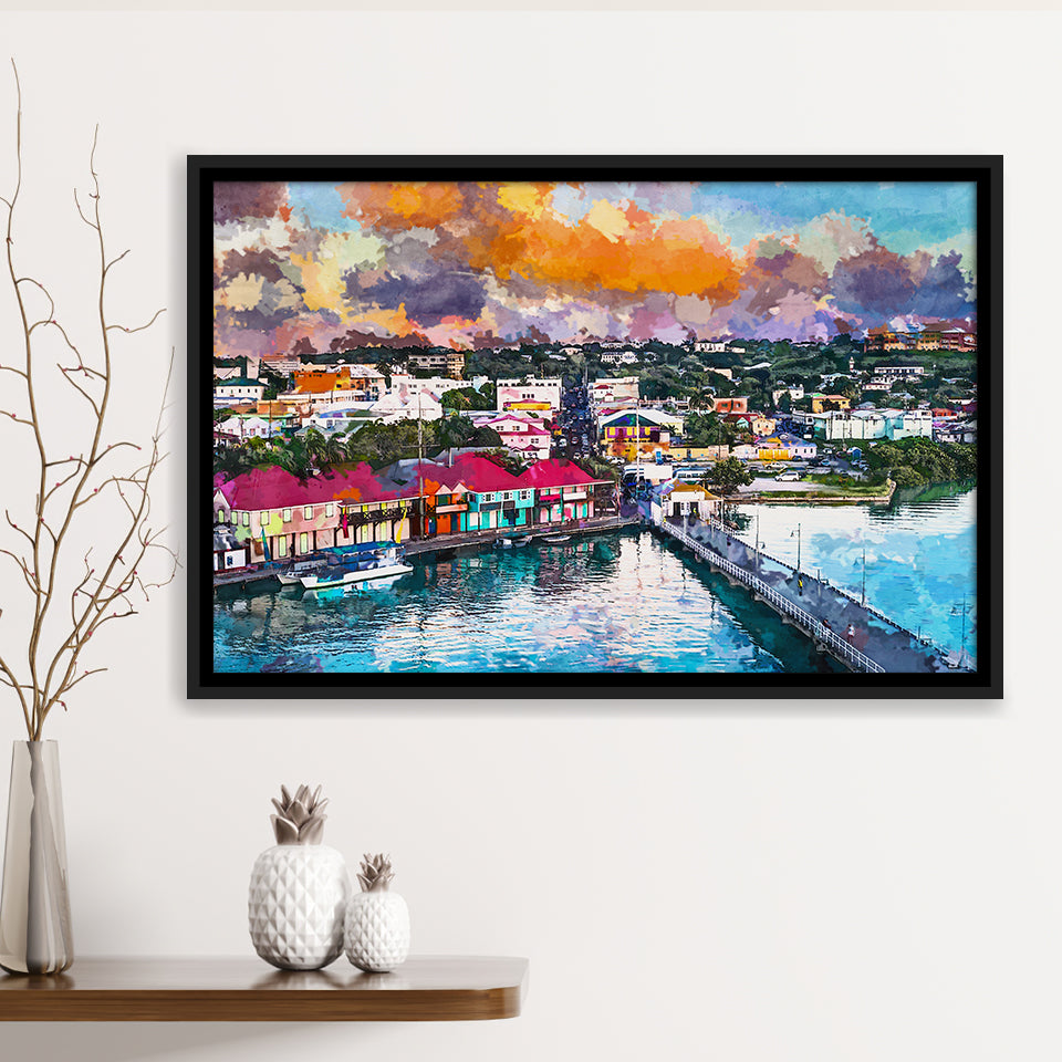 St Johns Antigua Port Skyline Twilight City Art Watercolor Framed Canvas Prints Wall Art Home Decor,Floating Frame