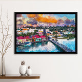 St Johns Antigua Port Skyline Twilight City Art Watercolor Framed Canvas Prints Wall Art Home Decor,Floating Frame