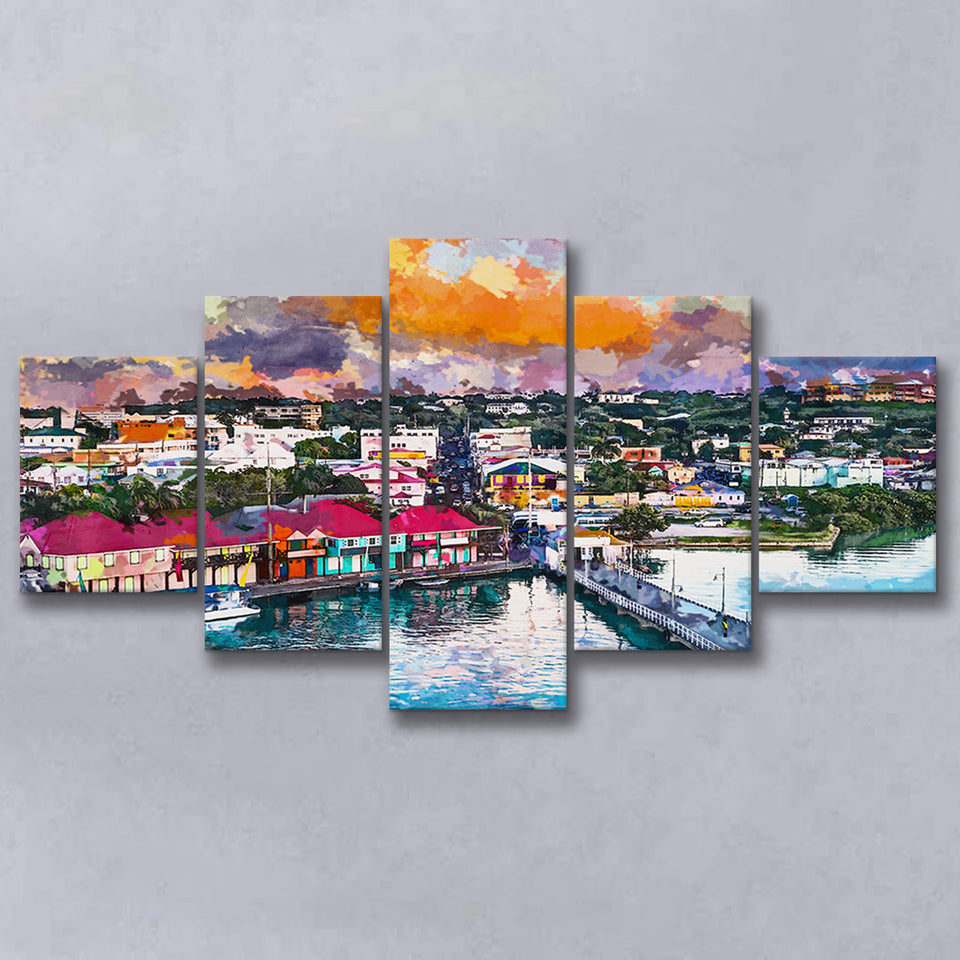 St Johns Antigua Port Skyline Twilight 5 Pieces Mixed Canvas Prints Wall Art Home Decor