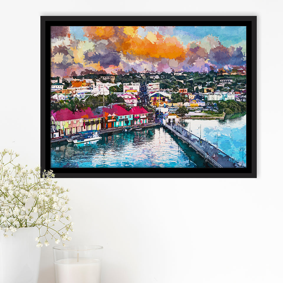 St Johns Antigua Port Skyline Twilight City Art Watercolor Framed Canvas Prints Wall Art Home Decor,Floating Frame