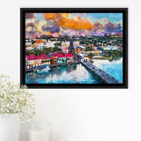 St Johns Antigua Port Skyline Twilight City Art Watercolor Framed Canvas Prints Wall Art Home Decor,Floating Frame