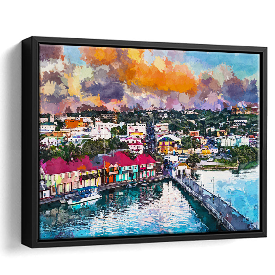 St Johns Antigua Port Skyline Twilight City Art Watercolor Framed Canvas Prints Wall Art Home Decor,Floating Frame
