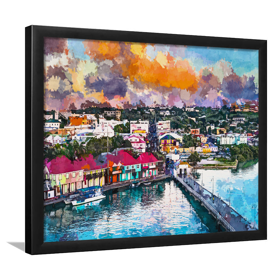 St Johns Antigua Port Skyline Twilight City Art Watercolor Framed Art Prints Wall Art Decor,Framed Picture
