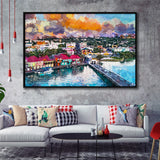 St Johns Antigua Port Skyline Twilight City Art Watercolor Framed Canvas Prints Wall Art Home Decor,Floating Frame