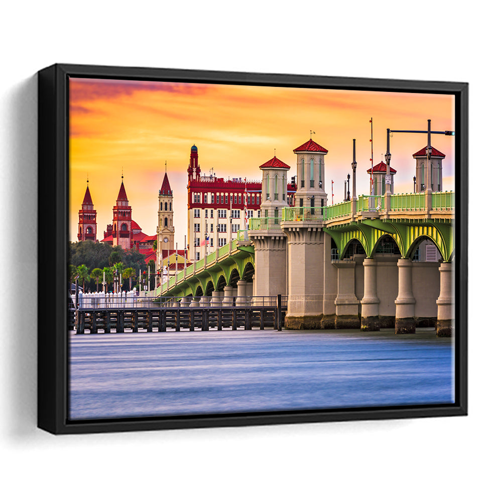 St Augustine Florida USA city skyline and Bridge of Lions Framed Canvas Prints Wall Art - Painting Canvas, Wall Decor, Home Decor