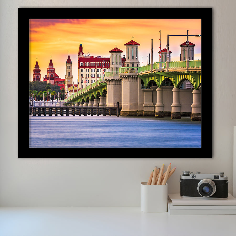 St Augustine Florida USA city skyline and Bridge of Lions Framed Art Prints Wall Decor - Painting Art, Wall Art, Home Decor