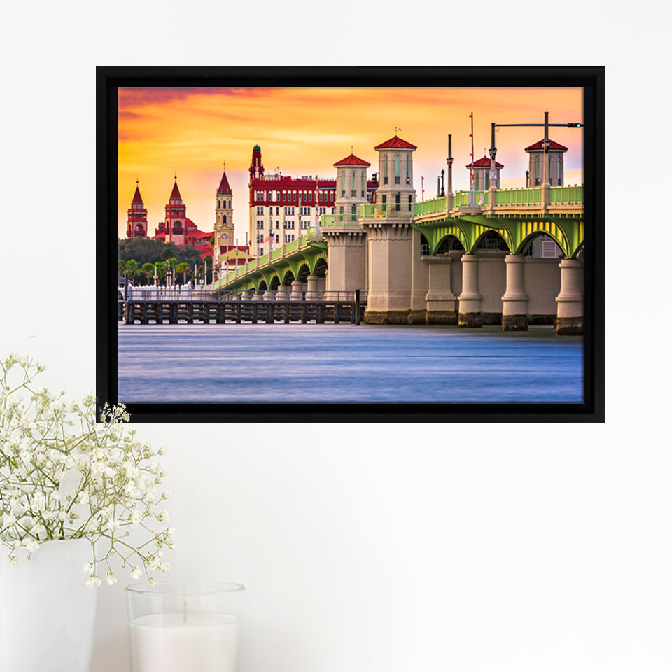 St Augustine Florida USA city skyline and Bridge of Lions Framed Canvas Prints Wall Art - Painting Canvas, Wall Decor, Home Decor