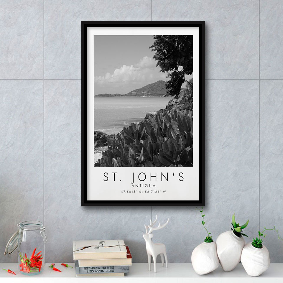 St. John'S, Antigua Black And White Art Framed Canvas Prints Wall Art Home Decor, Floating Frame