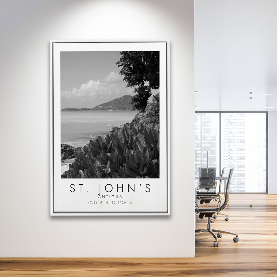 St. John'S, Antigua Black And White Art Framed Canvas Prints Wall Art Home Decor, Floating Frame